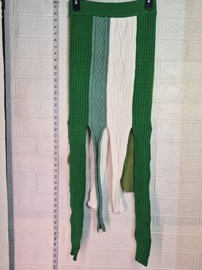 Textured Multi-toned Greens Cable-knit Skirt Dramatic Shredded Hem Est Size M